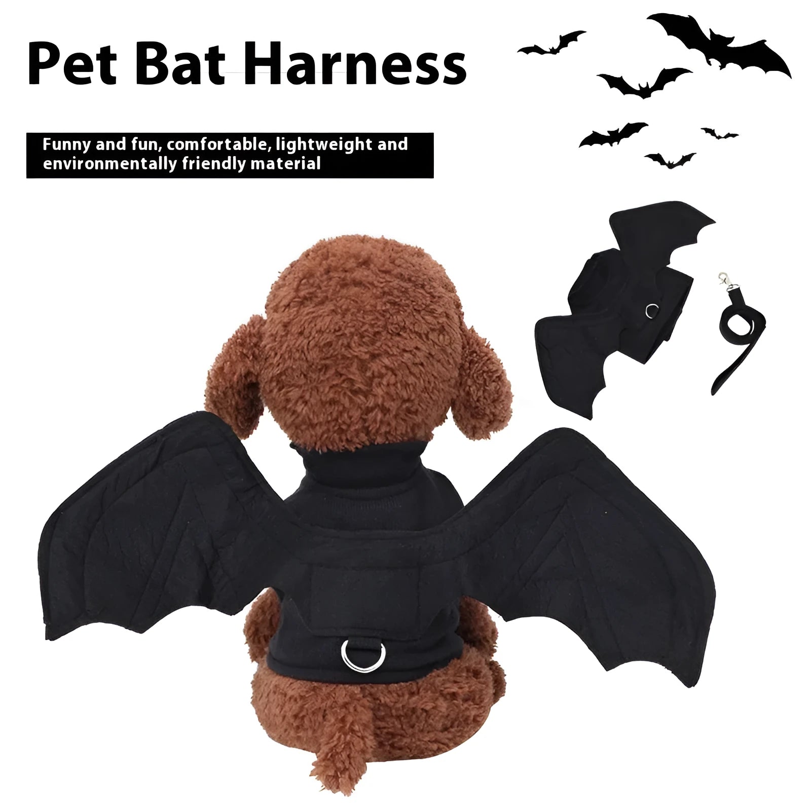 Black polyester bat wings costume accessory for a dog on chest and back.
