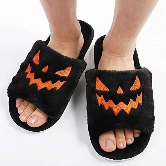 Halloween-themed women's winter slippers with rabbit fur upper in various colours