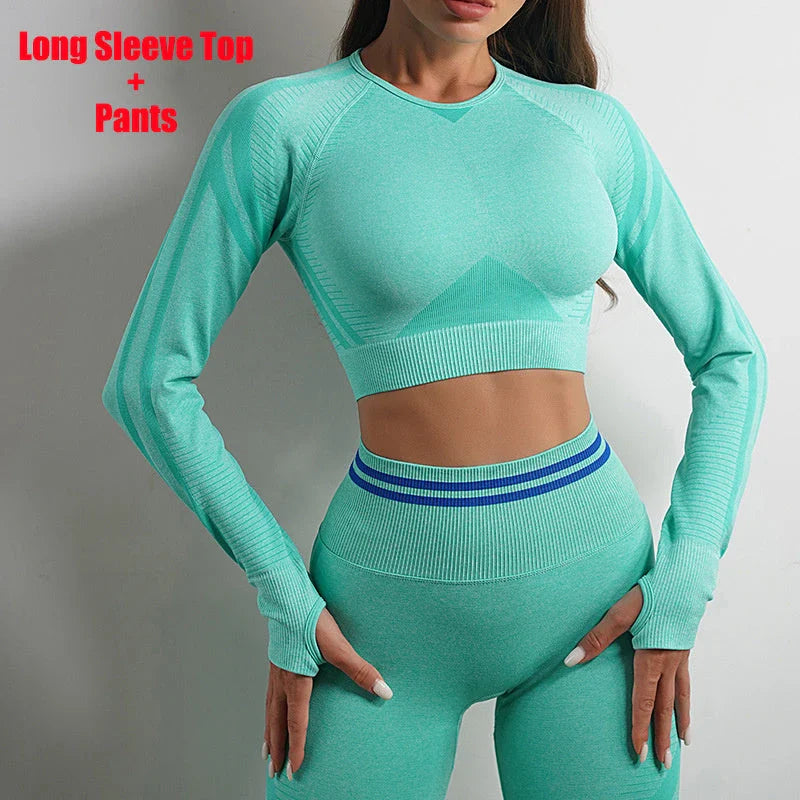 Comfortable and stylish workout wear including seamless leggings and long sleeve tops in a variety of colors