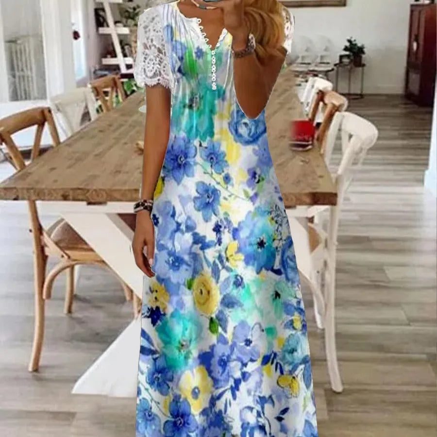 Printed lace sleeve short sleeve dress in polyester, long skirt, available in multiple colours and sizes S to XXL