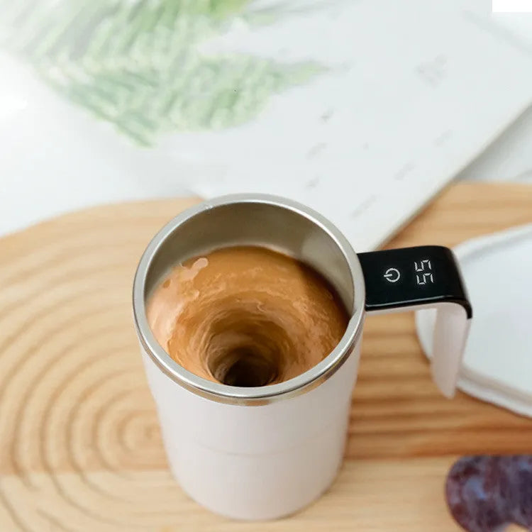 Black or white automatic stirring coffee mug with LCD display and USB charging cable