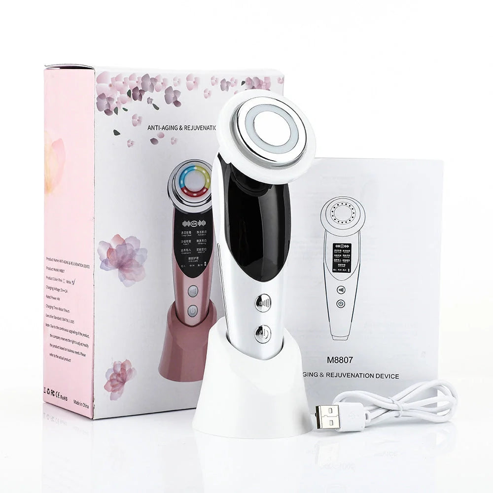 7-in-1 Facial Massager with EMS Micro-current and LED Light Therapy in pearl white