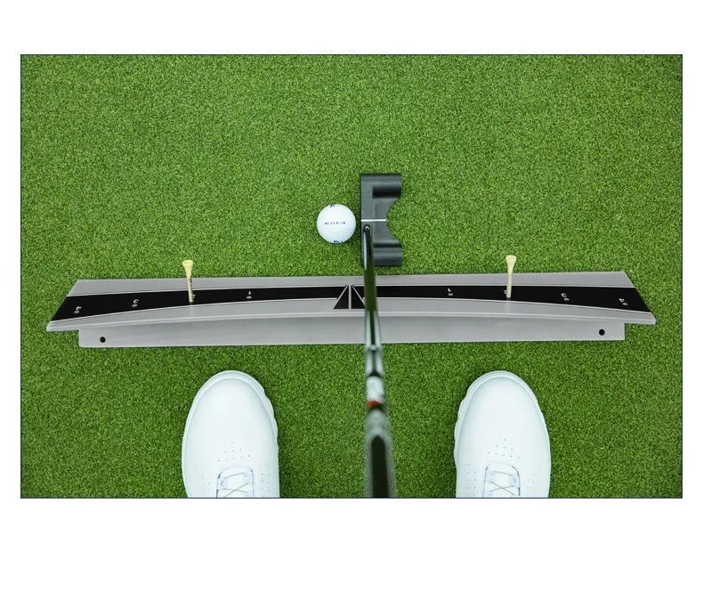 Adjustable golf putter trajectory balance simulator with PVC construction on a flat surface