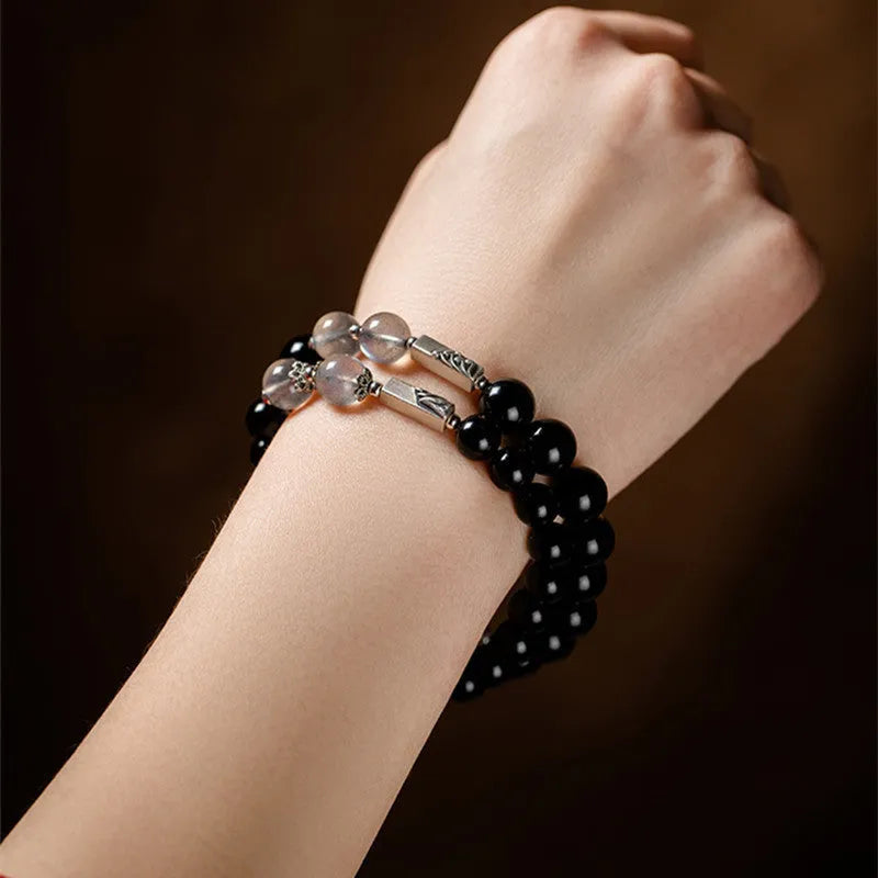 Obsidian Buddha beads couple bracelet DIY kit with 8mm and 10mm natural stone beads on string