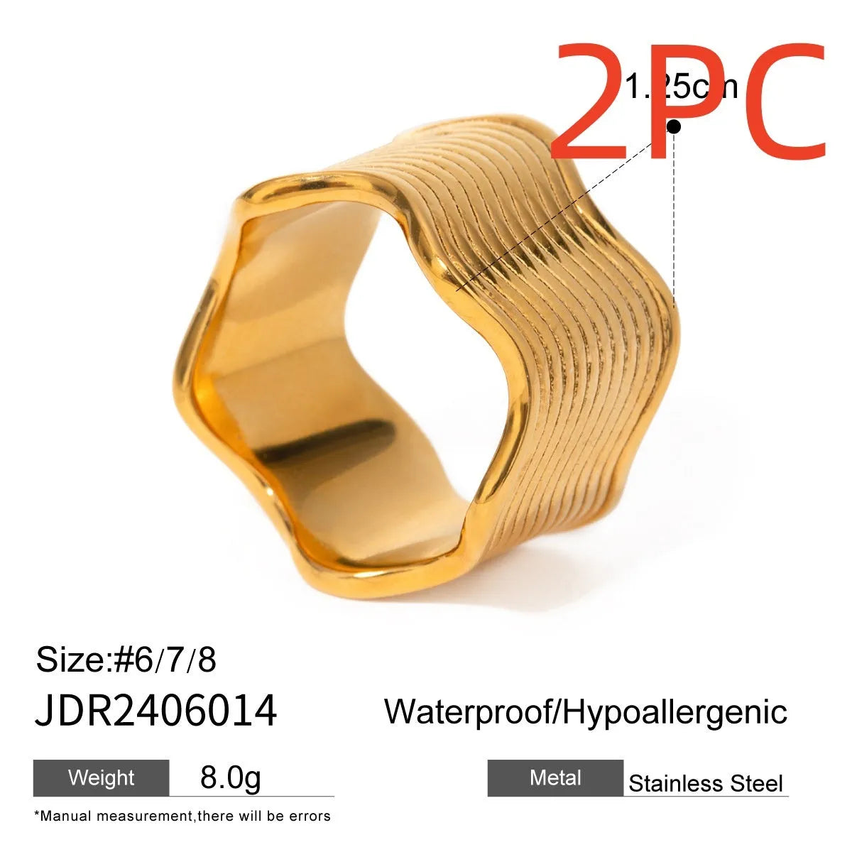 Geometric wave pattern on a stainless steel wide band ring in an electroplated colour finish.