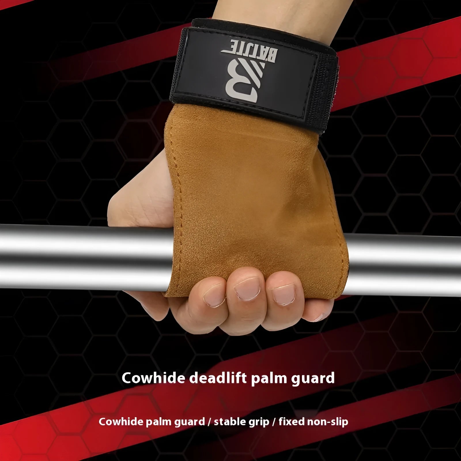 Brown leather wrist protector with adjustable strap for pull-up and fitness training.
