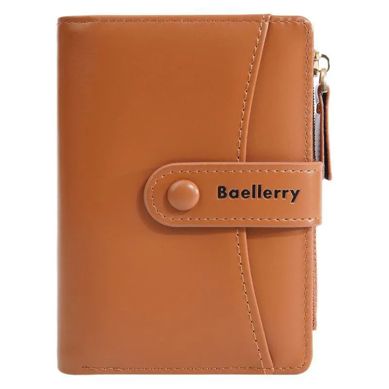 Short women's PU wallet in apricot colour showing waterproof exterior and interior polyester lining
