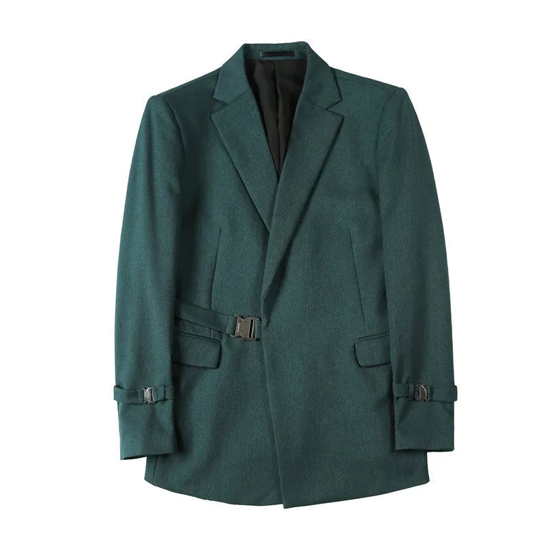 Men's British style slim fit solid colour suit coat with yarn-dyed fabric and buckle design