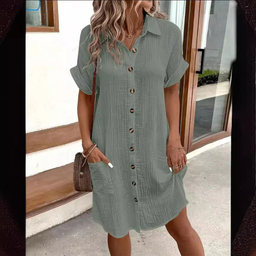 Summer short sleeve shirt dress in various colours, showcasing loose fit and mid-length design