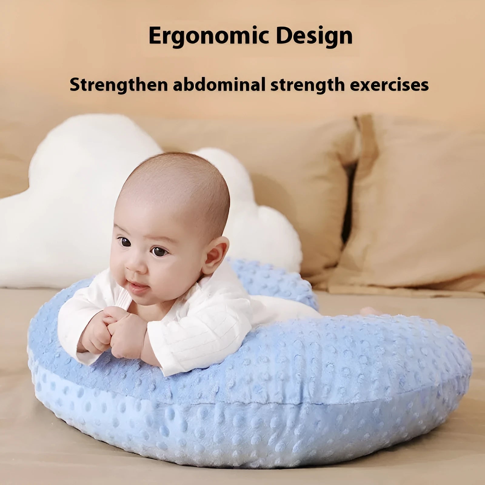 Nursing pillow with milk spill prevention design in choice of pink, yellow, grey, or light blue colour