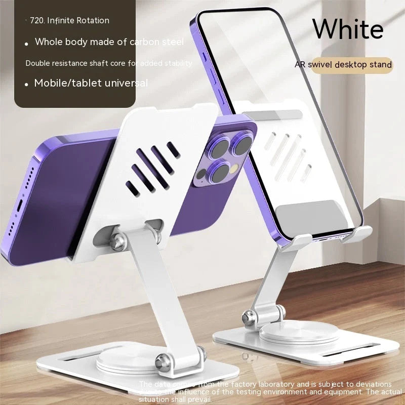 360-degree rotating metal stand for mobile phones and tablets in black, white, and silver