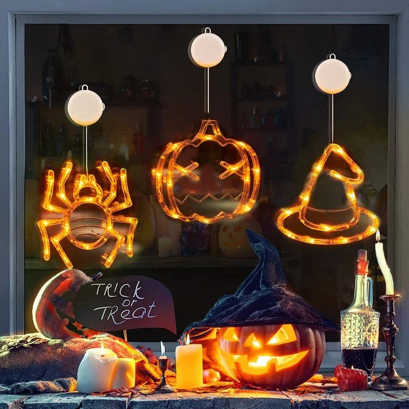 Spooky Halloween window hanging lights featuring pumpkins, spiders, and ghostly figures for a festive atmosphere