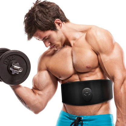 Black adjustable slimming belt with abdominal massage stick showing 110cm length and vibration controls