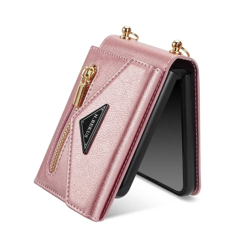 Samsung Z Flip5 side zipper card holder phone case in black with kickstand and card pocket
