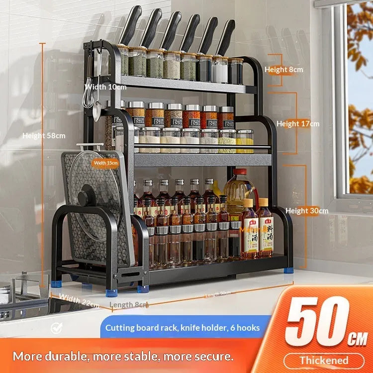 Carbon steel kitchen floor storage rack with knife holder, chopsticks holder, cutting board holder, and six hooks in a modern style