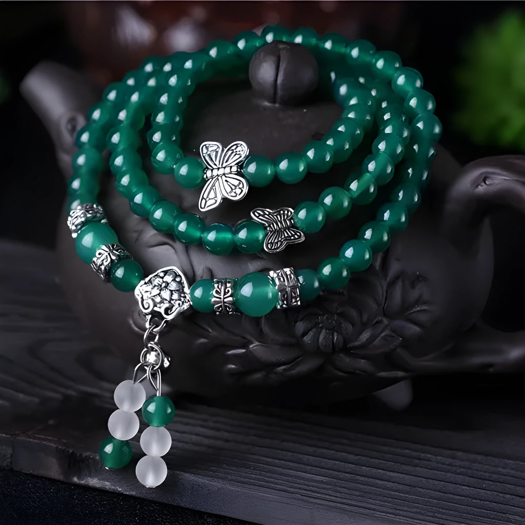 Natural green agate multi-layer bracelet with 6mm beads and three circles