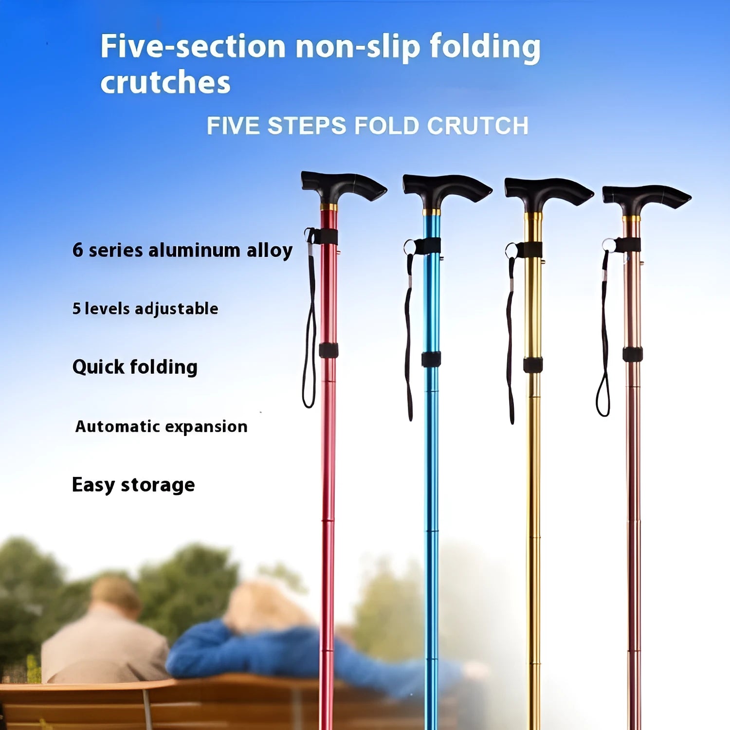 Adjustable aluminium folding walking stick in a selected colour, shown extended and folded.