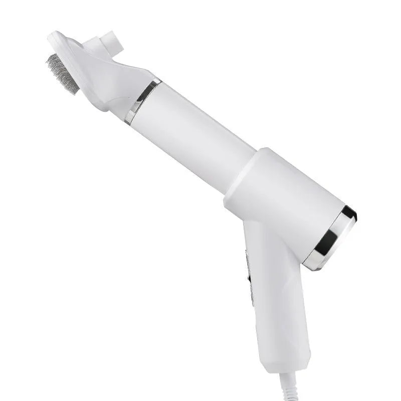 Pet hair dryer and blue whirlpool comb for dog grooming on a white background.