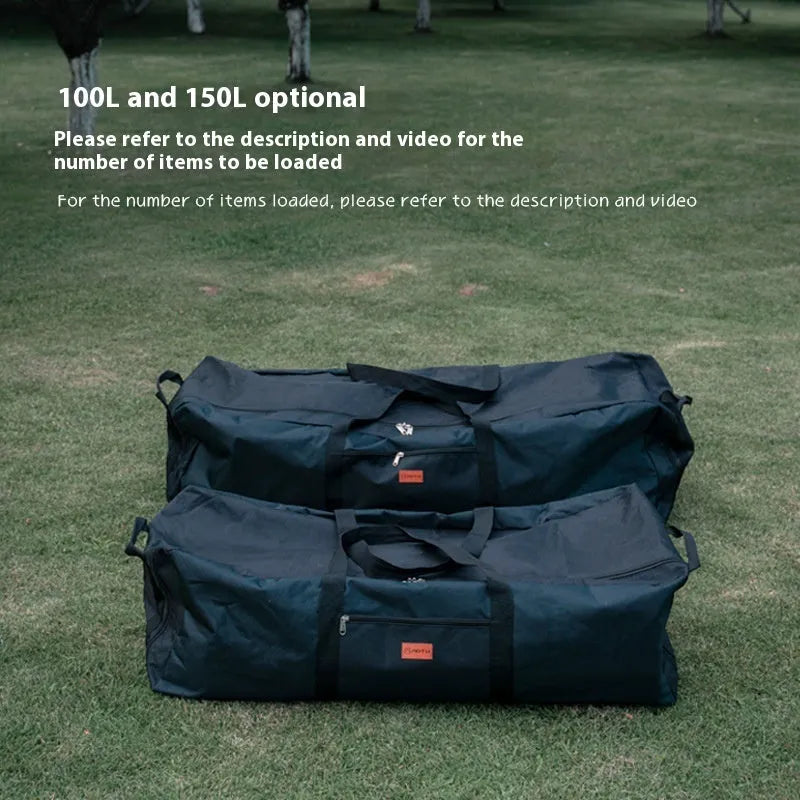 Large blue waterproof storage bag for camping tents and folding chairs showing expanded and compressed sizes