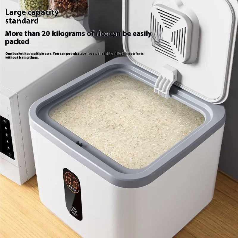 Grey plastic insect-proof sealed rice storage jar with a measuring cup, shown in a kitchen setting.