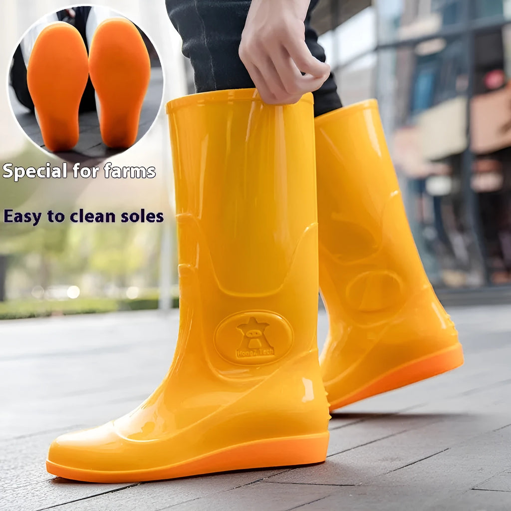 White and yellow high tube plastic rain boots with flat heel and round toe.