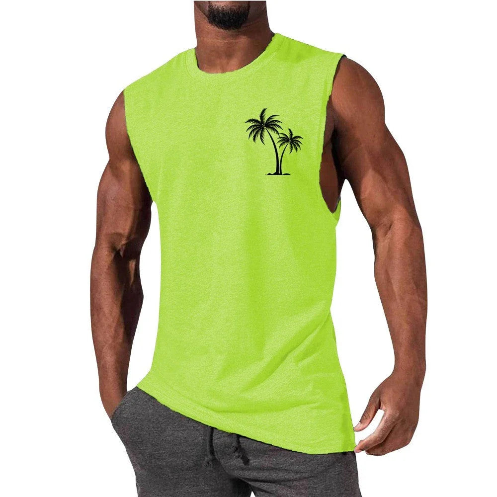 Tropical palm tree embroidered muscle tee in a variety of colors for an active, summer-inspired look