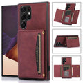 Three-fold wallet card-inserting phone case for Samsung in black, showing card slots and back cover design