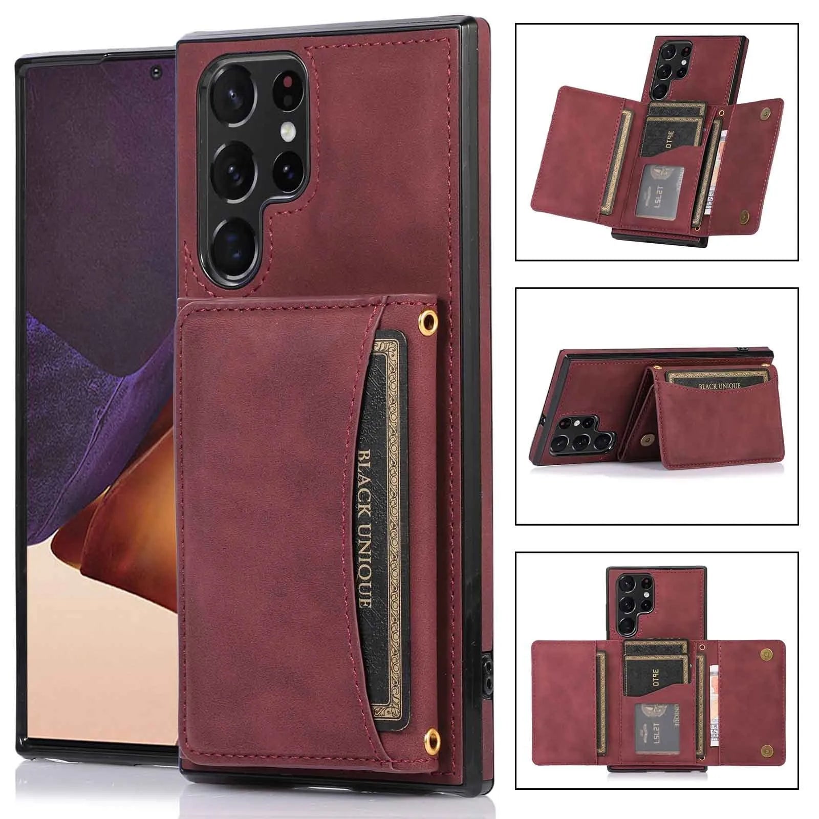 Three-fold wallet card-inserting phone case for Samsung in black, showing card slots and back cover design
