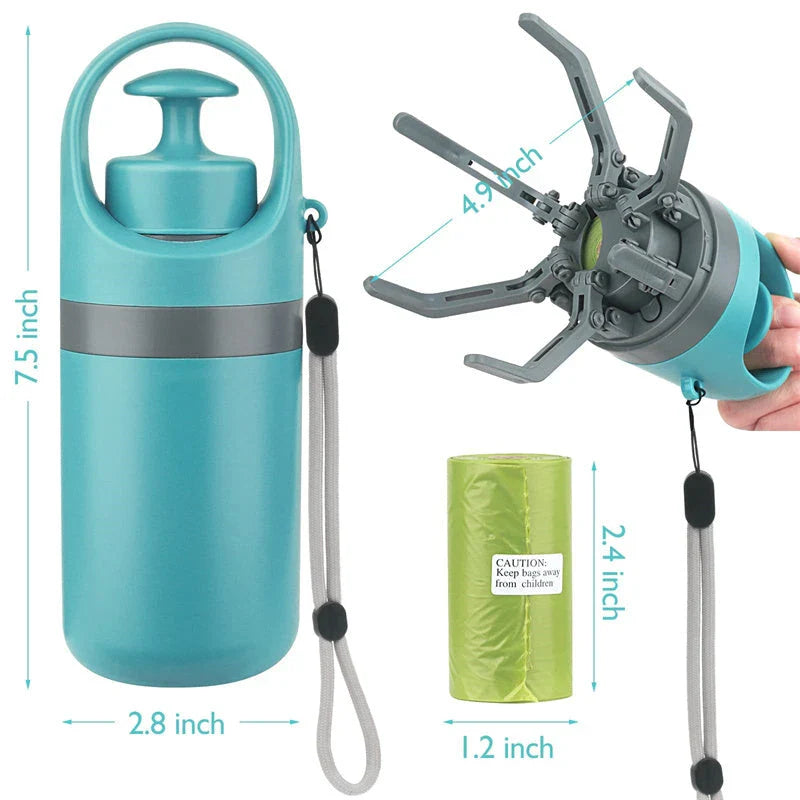 Portable dog poop scooper with claw mechanism and built-in bag dispenser for easy pet waste cleanup