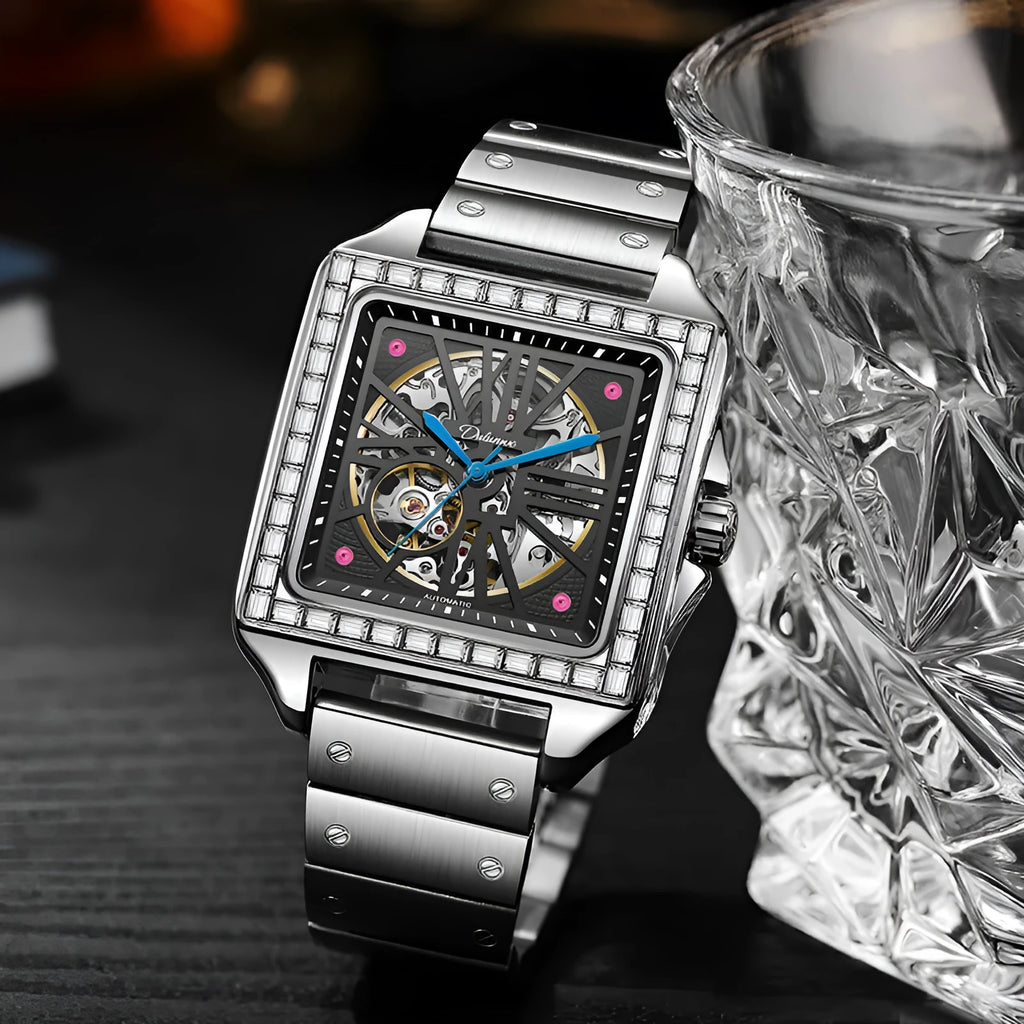 Men's square diamond-studded automatic watch on wrist, model 6066A.
