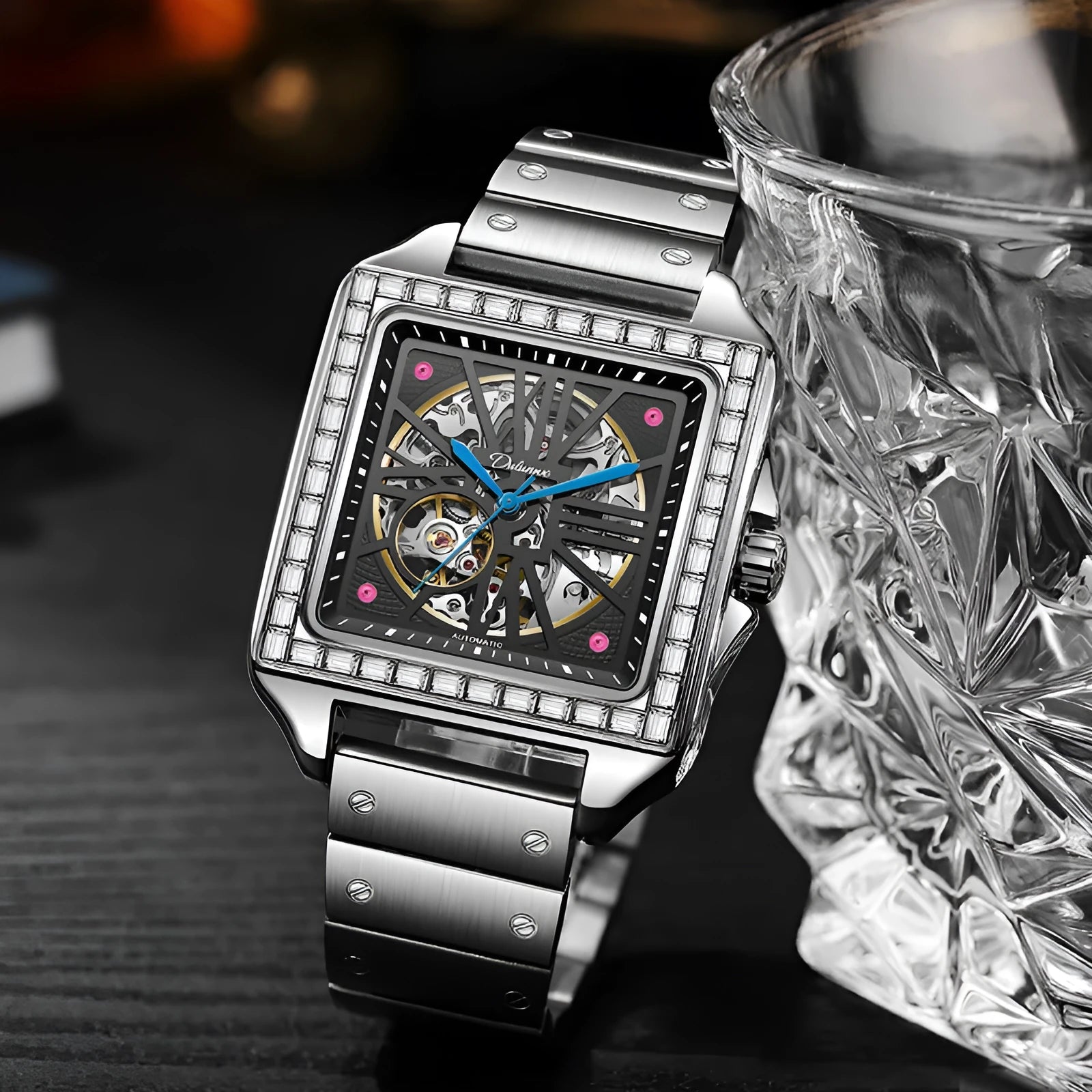 Men's square diamond-studded automatic watch on wrist, model 6066A.