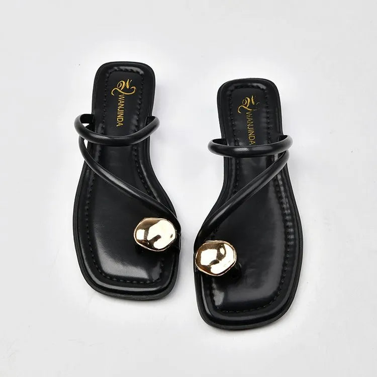 French style women's flat sandals with metal toe covering in Beige White, artificial PU upper, rubber sole