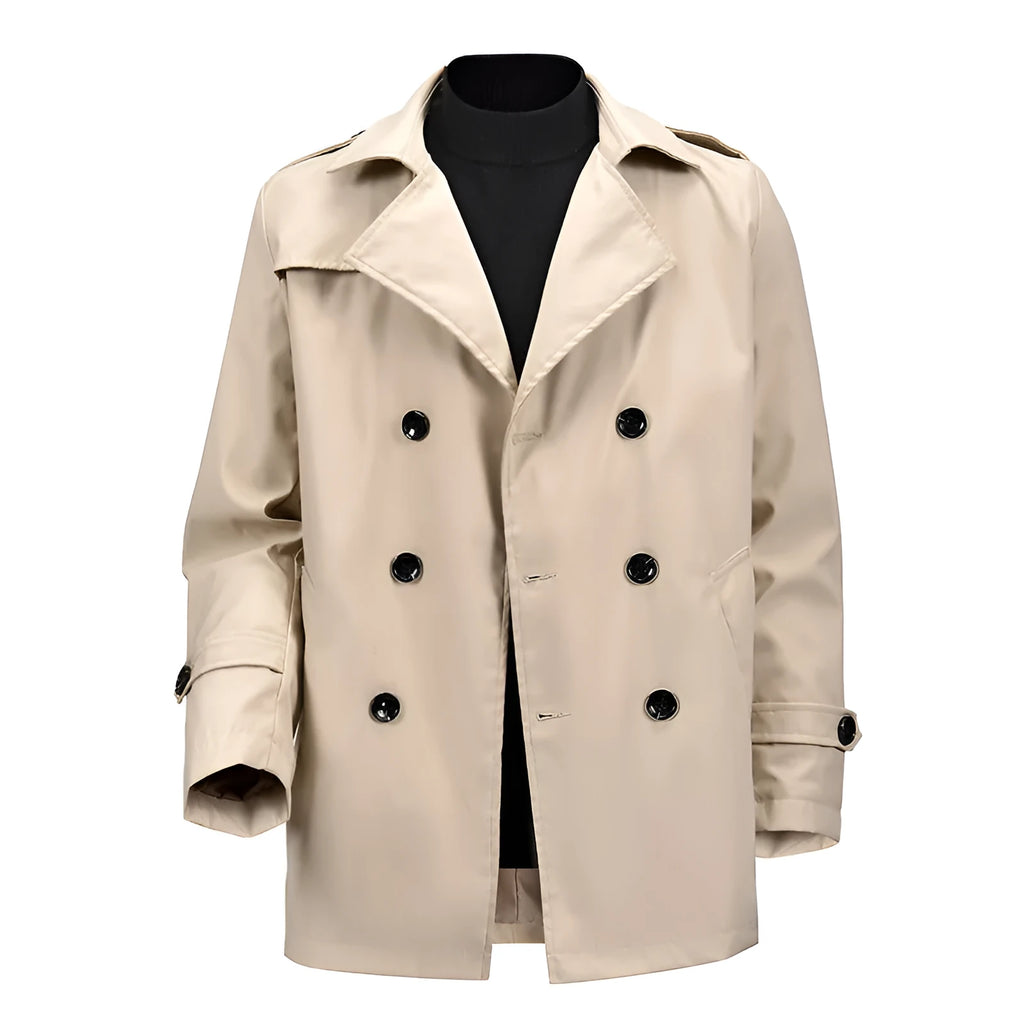 Men's khaki double-breasted casual jacket made of polyester fibre, loose fit, 50cm length, front view