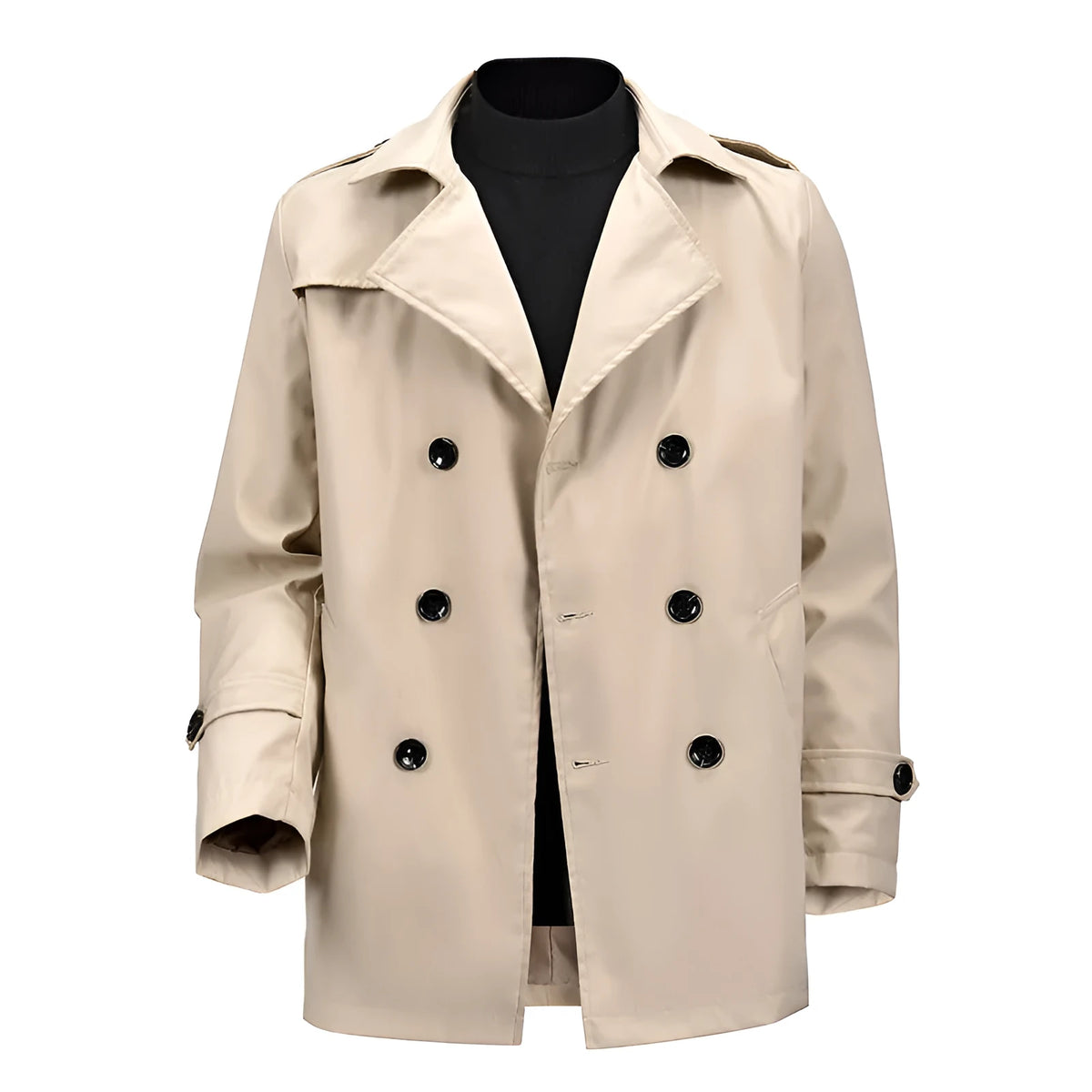 Men's khaki double-breasted casual jacket made of polyester fibre, loose fit, 50cm length, front view