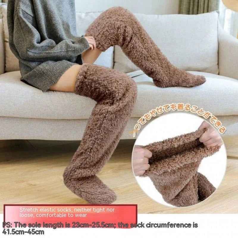 Cozy over-the-knee fuzzy socks in various colors, designed to keep your legs and knees warm during the winter season.