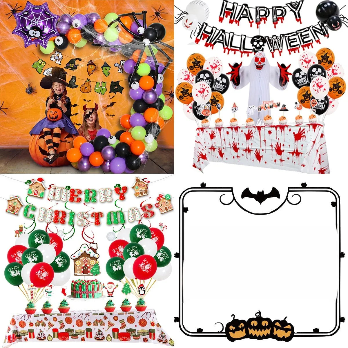 Halloween spider web balloon arch decoration set with skull and pumpkin themed balloons in white and black