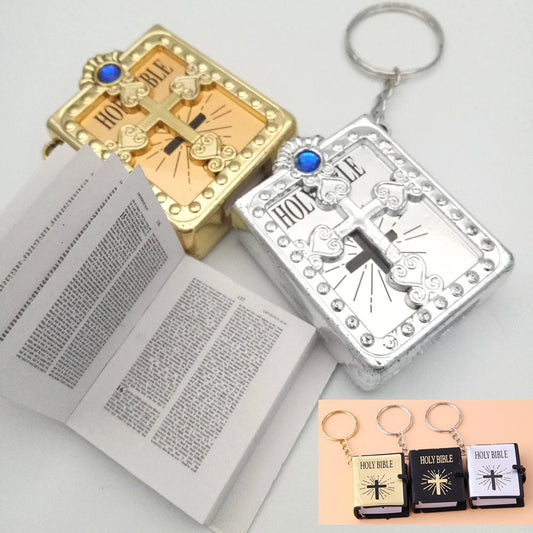 Mini Holy Bible Keychain with Jesus Cross in PVC colour leather, dimensions 4.5x6.0cm