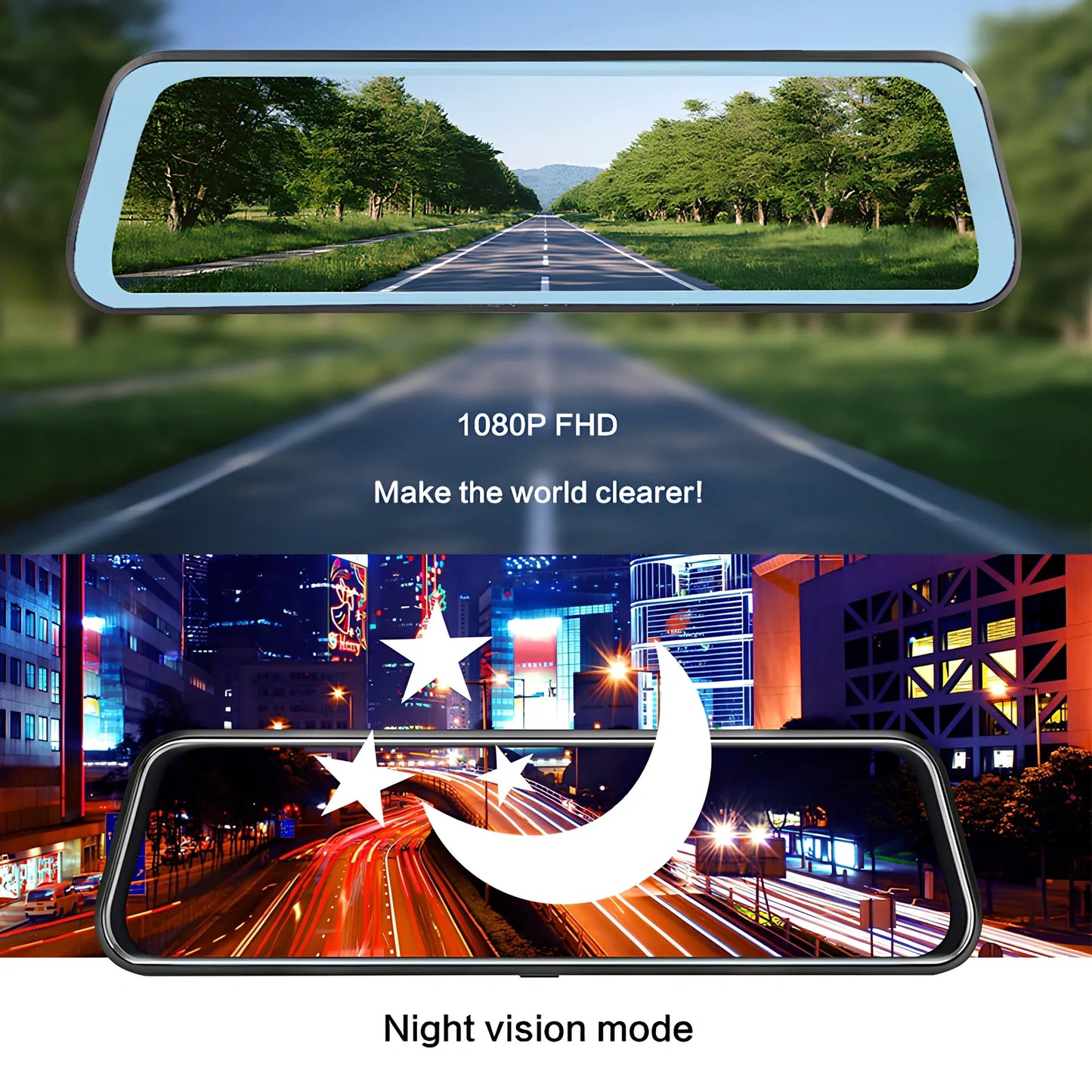 10-inch dual recording dash cam mounted as rearview mirror with 170-degree front and rear cameras