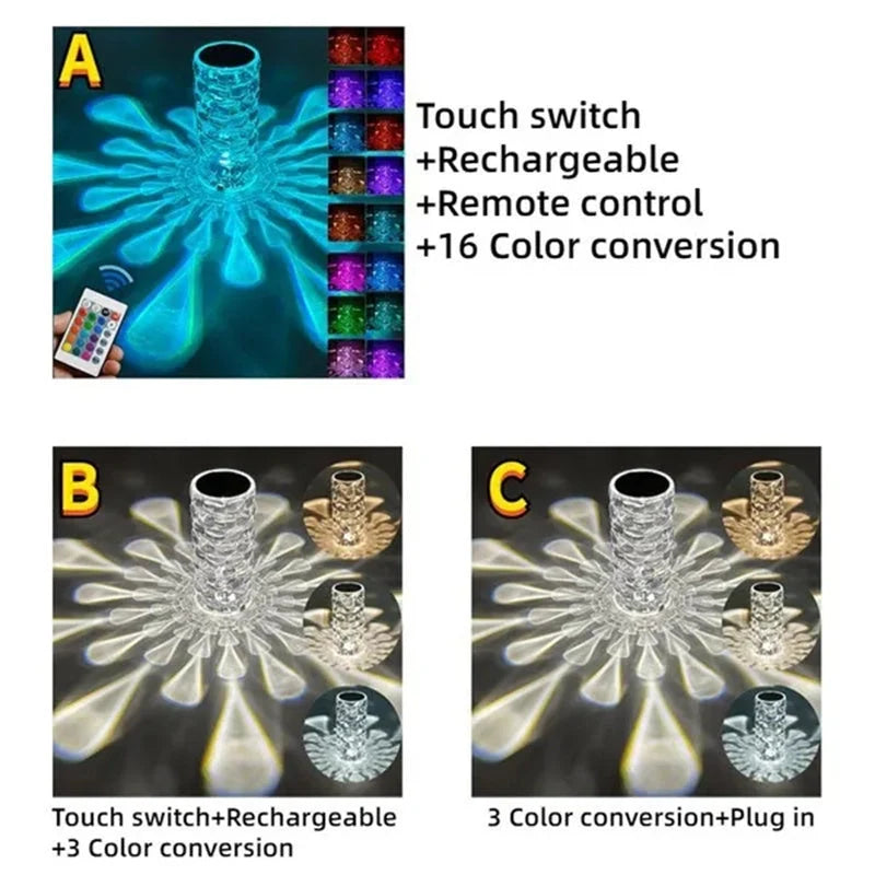 Crystal table lamp with teardrop shape and 16-color touch control for home decor