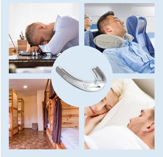 Food-grade silicone anti-snoring device in white and black, with storage box