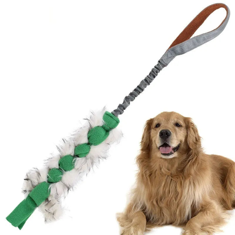 Green, orange, and blue woven polyester bends and hitches dog tug-of-war chew toy on a plain background