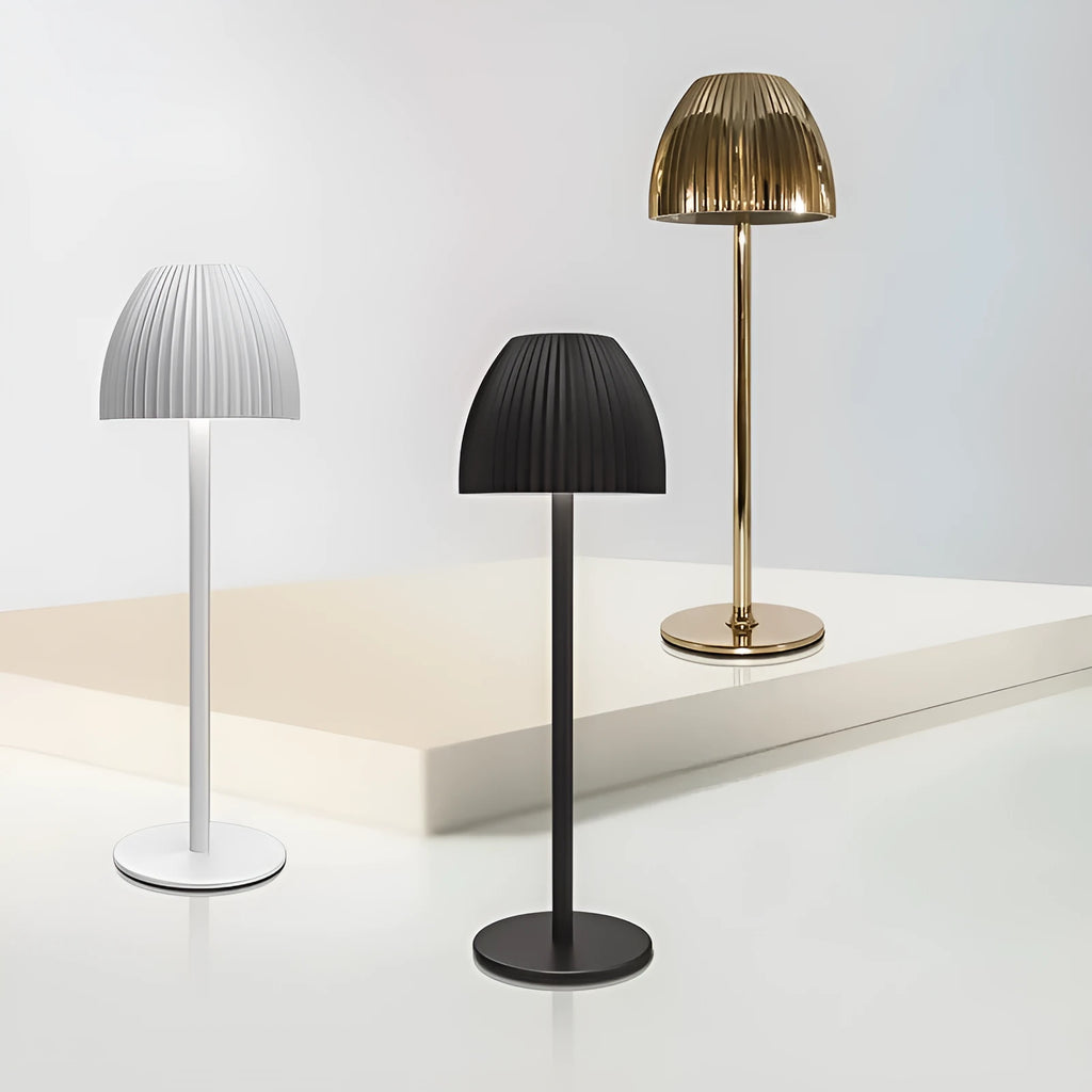 Small modern table lamp with dimming function on thin round base in black finish