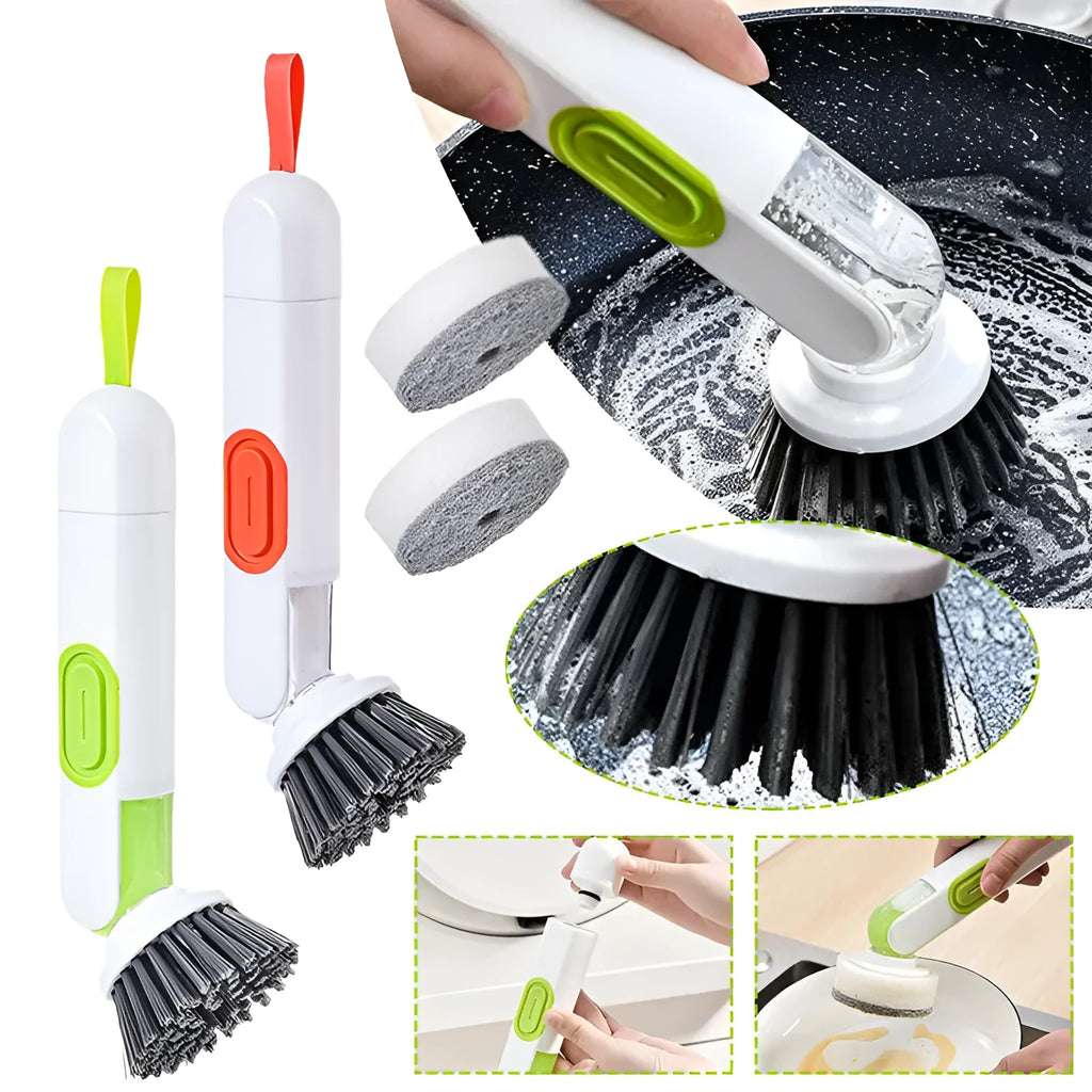 White and red long-handle kitchen cleaning brush with integrated soap dispenser button and two brush heads.