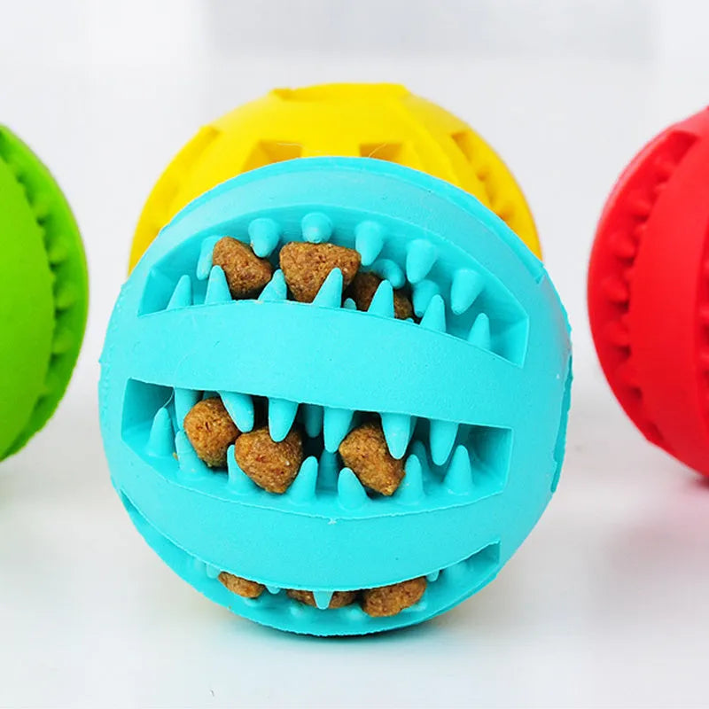 Natural silica gel slow feeder dog ball toy in blue for dental cleaning and treat dispensing