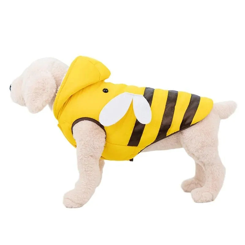 Warmly dog coat with bee print, yellow, velvet lined, turtleneck collar, winter jacket on a dog