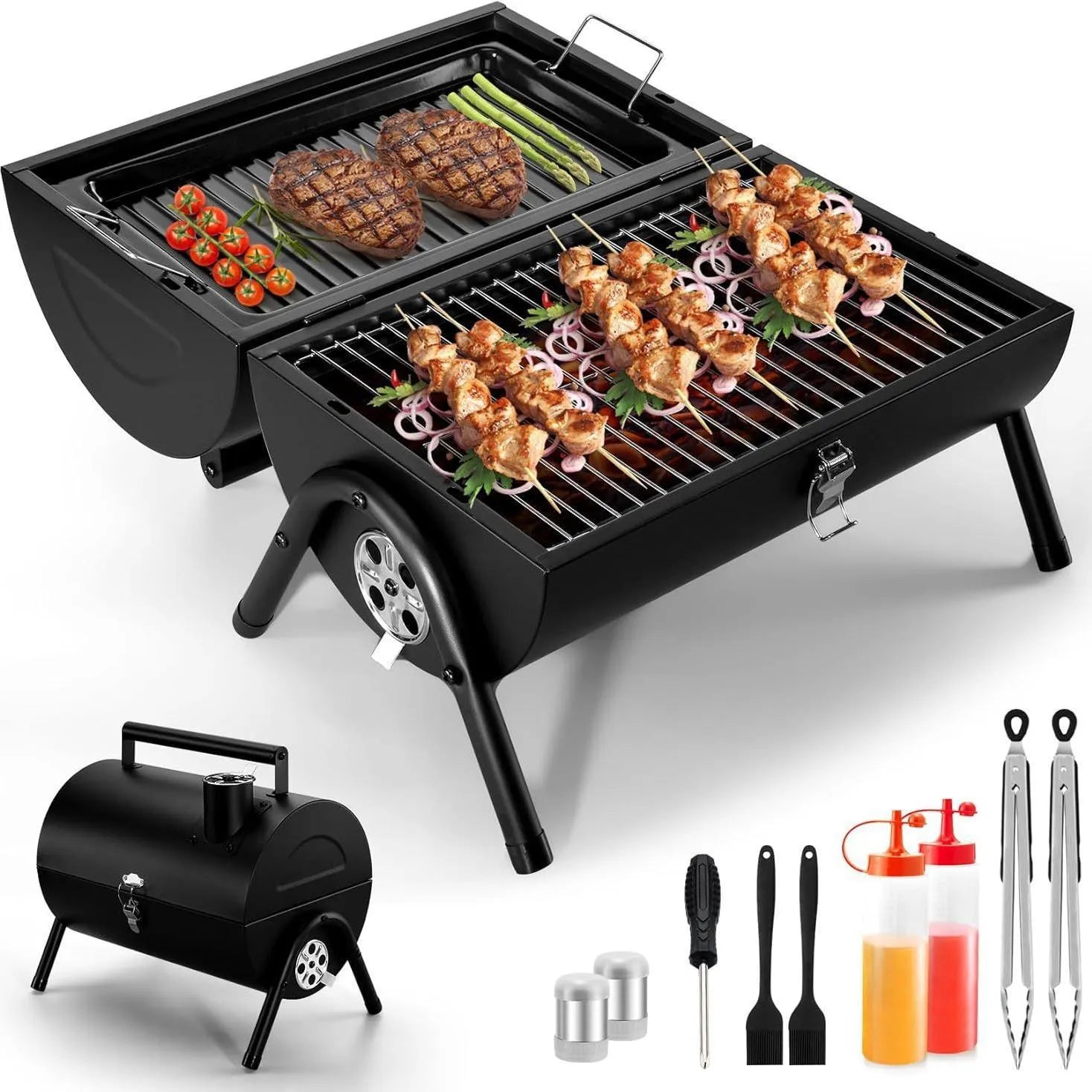 Small portable charcoal barbecue grill in a folded or unfolded state on a tabletop.