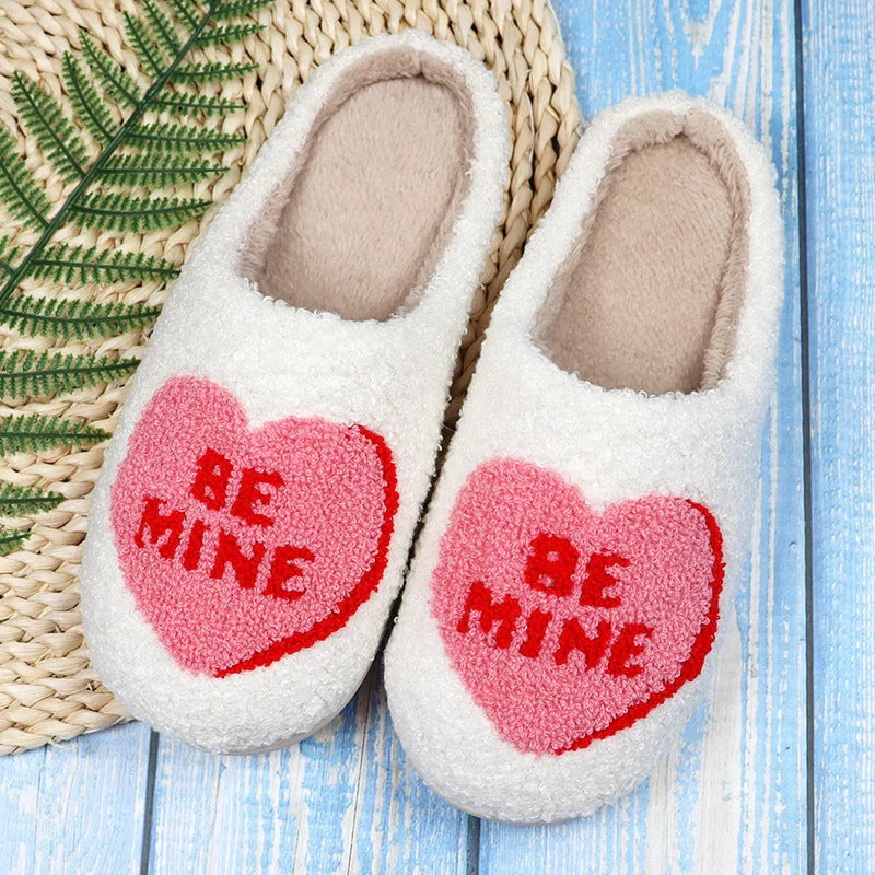 Valentine's Day Love Heart Cotton Slippers in white with non-slip sole