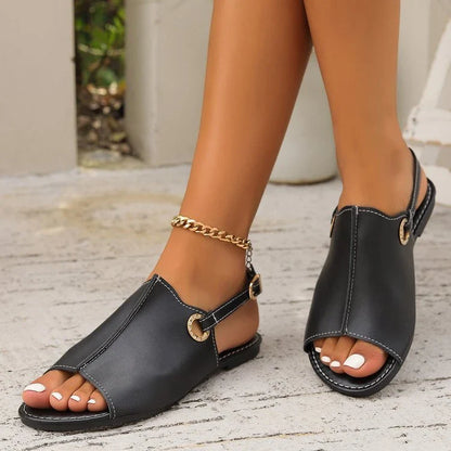 Stylish peep-toe sandals with buckle closure, available in black and white colors, ideal for comfortable summer wear