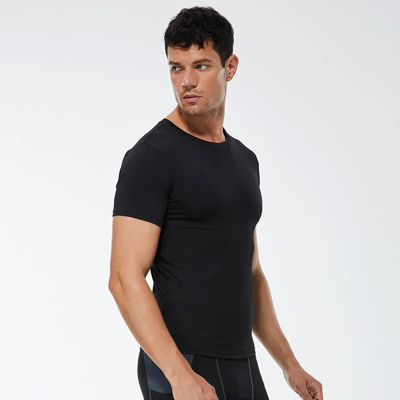 Men's solid colour short sleeve stretch quick-dry shirt for fitness exercise in multiple colours