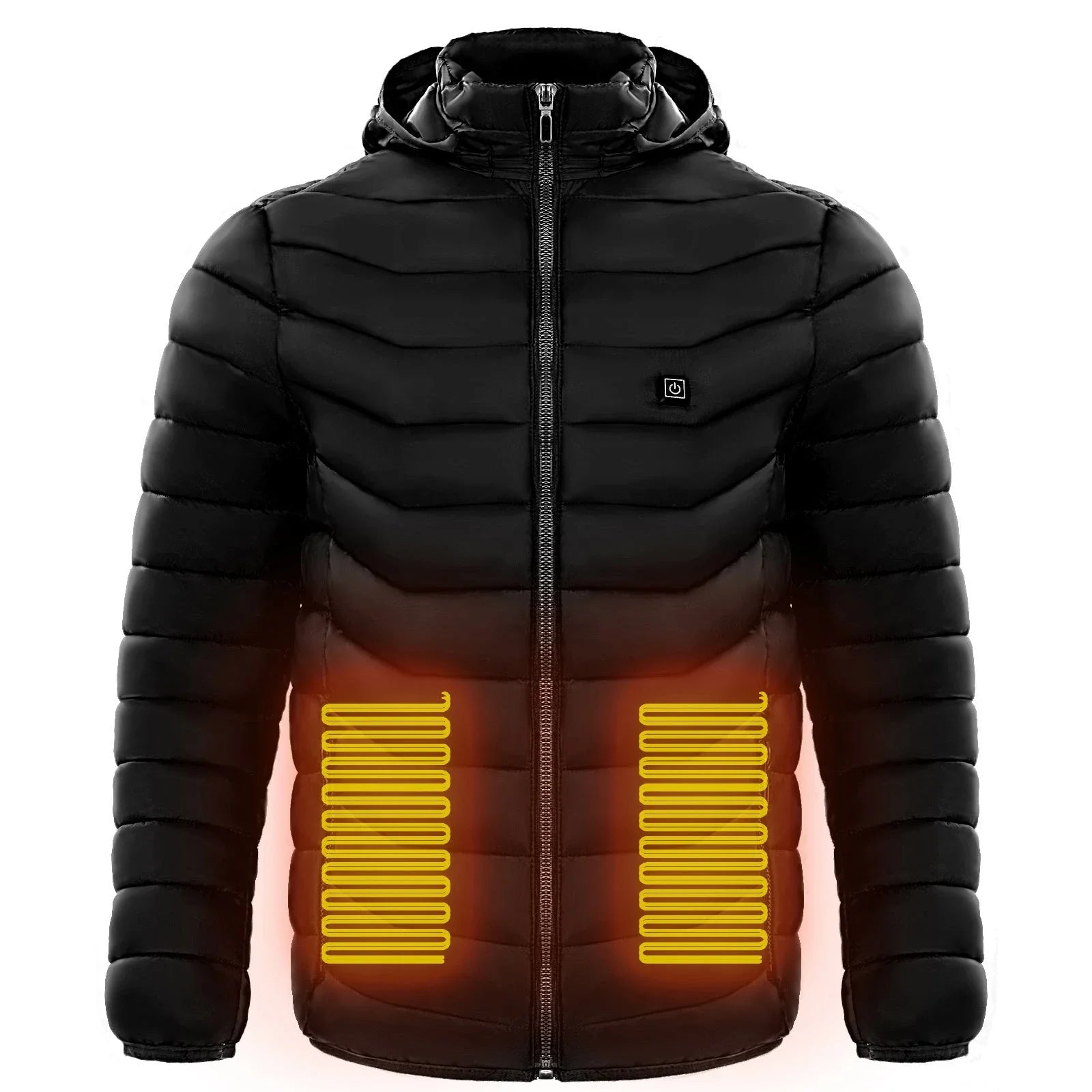 Heated puffer jacket with 9 heating zones, adjustable hood, and insulation for skiing in cold weather